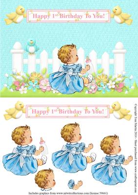 Happy 1st Birthday Topper & Decoupage - Girl
