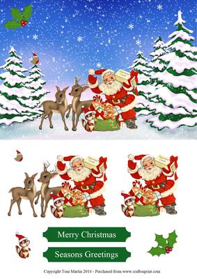 Winter Christmas Scene Santa & Friends Topper & Decoupage