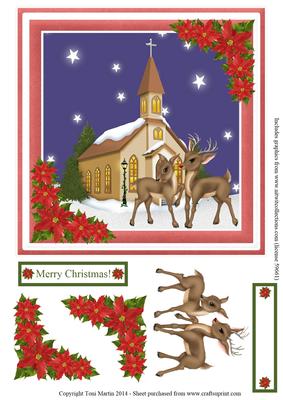 Reindeers & Church Christmas Night Scene Topper & Decoupage