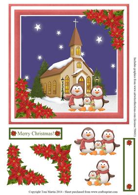 Penguins & Church Christmas Night Scene Topper & Decoupage
