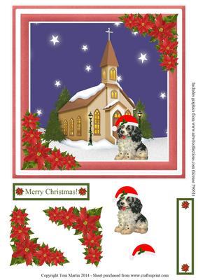 Christmas Dog Church Night Scene Topper & Decoupage
