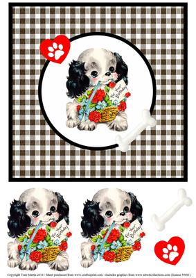 Puppy & Flowers Gingham Birthday Square Topper & Decoupage