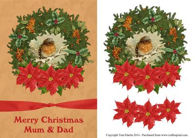 Christmas Robin Topper & Poinsettia Decoupage - Mum & Dad