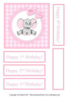 Elephant Birthday Card Pink Gingham Design Age 1,2,3,4