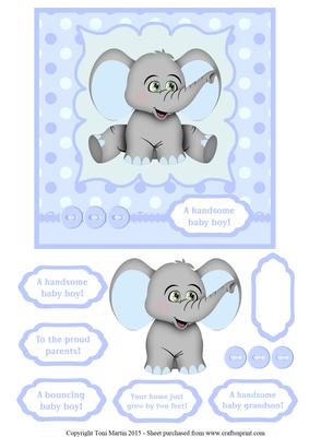 Cute Elephant - New Baby Boy Topper & Decoupage