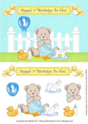 Happy 1st Birthday Bear Topper & Decoupage - Boy