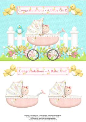 Baby Girl Pram in the Garden Topper & Decoupage