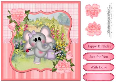 Cute Elephant Watering the Garden Card Topper & Decoupage