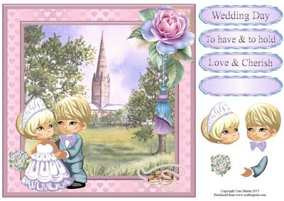 Cute Wedding Couple Church Scene Card Topper & Decoupage