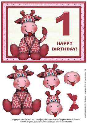 Age 1 - Giraffe Birthday Girl Card Topper & Decoupage