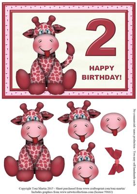 Age 2 - Giraffe Birthday Girl Card Topper & Decoupage