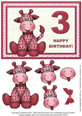 Age 3 - Giraffe Birthday Girl Card Topper & Decoupage