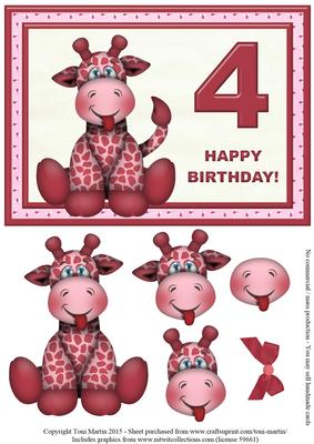 Age 4 - Giraffe Birthday Girl Card Topper & Decoupage