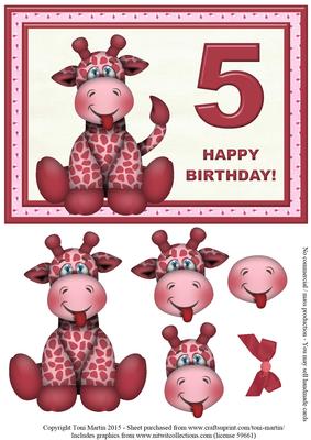 Age 5 - Giraffe Birthday Girl Card Topper & Decoupage