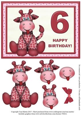 Age 6 - Giraffe Birthday Girl Card Topper & Decoupage