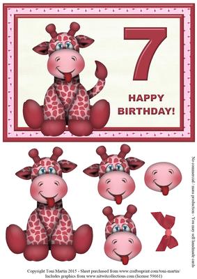 Age 7 - Giraffe Birthday Girl Card Topper & Decoupage