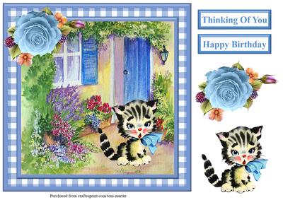 Cute Kitten Scene Gingham Card Topper & Decoupage