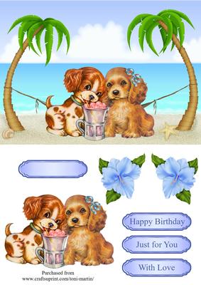 Beach Fun - Cute Dogs Card Topper & Decoupage