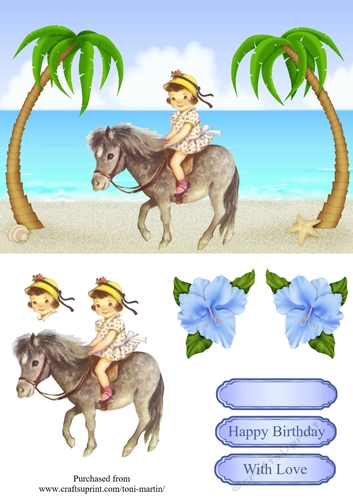 Pony ride on the beach card topper & decoupage