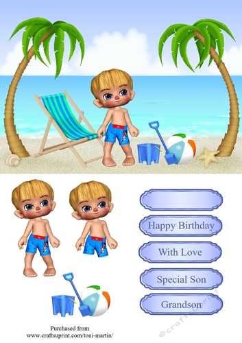 Fun on the beach - birthday boy card topper & decoupage