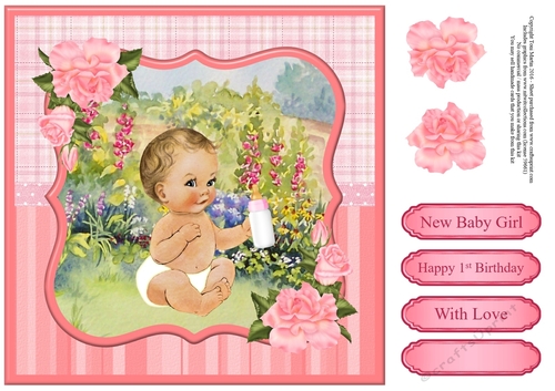 New Baby Girl / 1st Birthday Card Topper & Decoupage