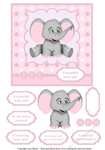 Cute Elephant - New Baby Girl Topper & Decoupage