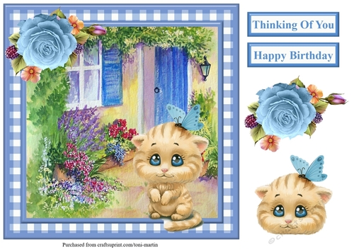 Cute Kitten & Butterfly Scene Gingham Topper & Decoupage