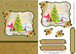 Vintage Christmas Scene Gold Card Front with Decoupage