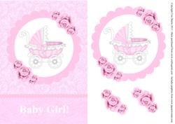 New Baby Girl Pram Card Front with Decoupage