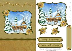 Reindeer Christmas Scene Gold Card Front with Decoupage