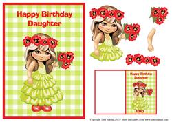 Daughter Birthday Card & Gift Tag - Cute Girl with Flowers