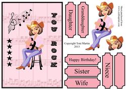 You Rock - Pink Guitar Lady Card Front with Decoupage