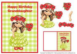 Granddaughter Birthday Card & Gift Tag - Cute Girl & Flowers