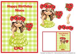 Niece Birthday Card & Gift Tag - Cute Girl with Flowers
