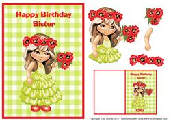 Sister Birthday Card & Gift Tag - Cute Girl with Flowers