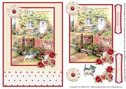 Rose Cottage & Kitten Card Front & Floral Decoupage