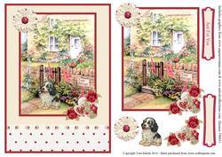 Rose Cottage & Puppy Card Front & Floral Decoupage