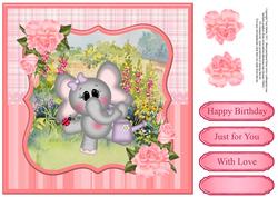 Cute Elephant Watering the Garden Card Topper & Decoupage