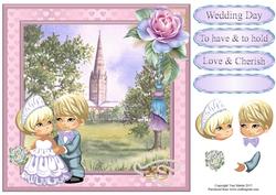 Cute Wedding Couple Church Scene Card Topper & Decoupage