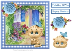Cute Kitten & Butterfly Scene Gingham Topper & Decoupage