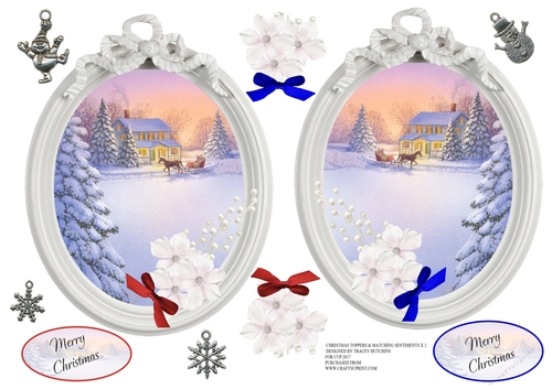 CHRISTMAS SCENE TOPPERS X 2 CHARMS X 4 & MATCHING SENTIMENTS X 2