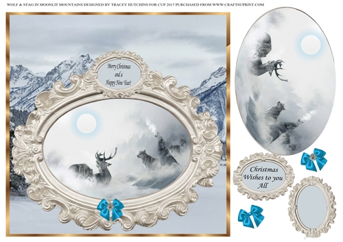 WOLF & STAGS IN MOONLIT MOUNTAINS CHRISTMAS
