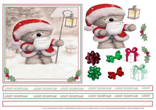 CHRISTMAS TEDDY 1 6X6 WITH SENTIMENT RIBBON BORDERS