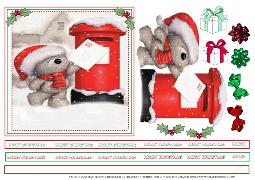 CHRISTMAS TEDDY 2 6X6 WITH SENTIMENT RIBBON BORDERS