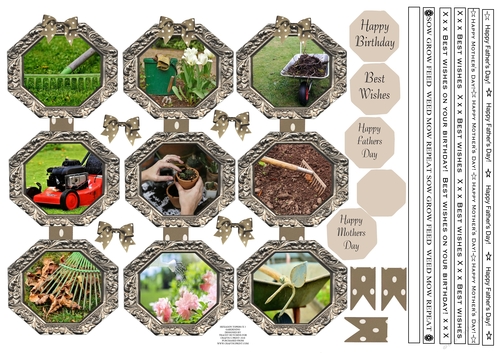 GARDENING TOPPERS X 3 WITH GARDENING THEMED RIBBON SENTIMENTS