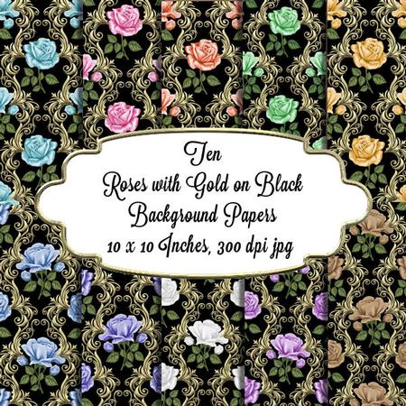 Roses and Gold on Black Background Papers