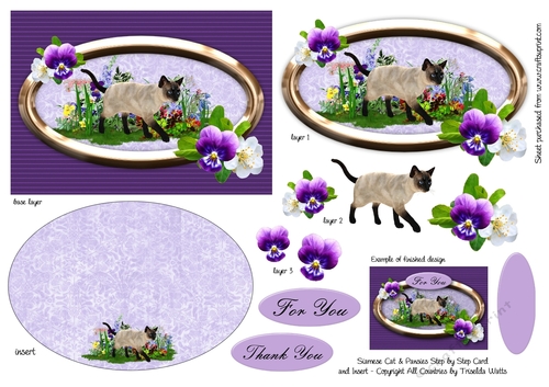 Siamese Cats and Pansies Step by Step Card with Insert Purple