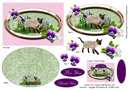 Siamese Cats and Pansies Step by Step Card with Insert Pink