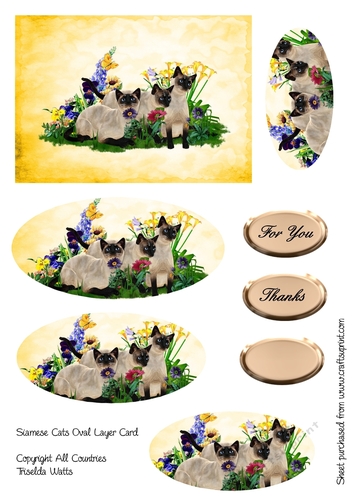 Siamese Cats and Pansies Oval Layer Card Yellow