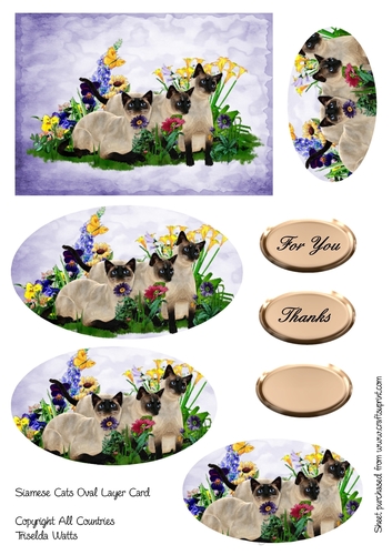 Siamese Cats and Pansies Oval Layer Card Purple
